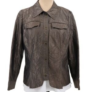 Emil Rutenberg Crinkled Striped Button Up Peplum Jacket Brown Size 10